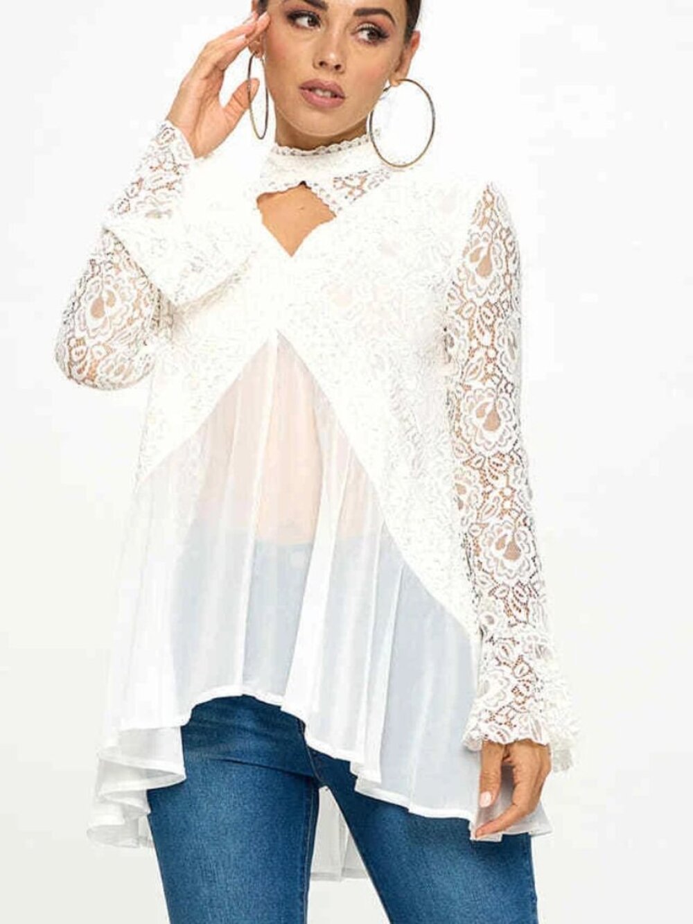 Oh Yes Flowy Lace Trim High Neck Keyhole Tunic Top Long Sleeve White New - Picture 4 of 14
